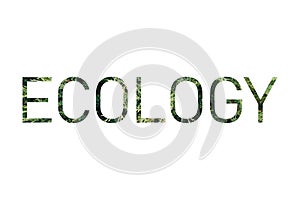 Inscription `Ecology` on the background of a living green plant