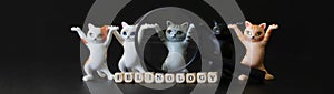 Inscription felinology next to toy dancing meme kittens and a magnifying glass. The science of cats, their health, behavior and