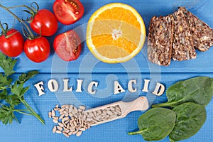 Inscription folic acid with healthy nutritious food as source minerals, vitamin B9 and dietary fiber