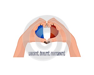 The inscription in French. Illustration with hands in the shape of heart, inside the national flag