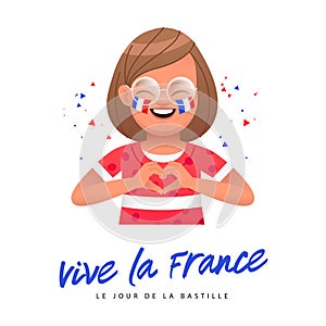 Inscription in French - Viva France, Bastille Day. Happy smiling little girl with glasses and French flags painted on her cheeks