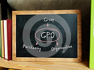 The inscription GPO Group Purchasing Organization . Blank small blackboard and different school stationery on wooden table near