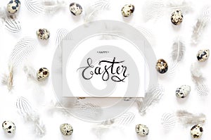 Inscription Happy Easter. Pattern with quail eggs and feathering on white background