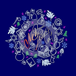 Inscription Happy New year 2021. Round frame with Christmas symbols on a blue background. Hand-drawn vector illustration. Greeting