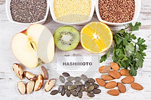 Inscription hashimoto with beneficial eating for thyroid gland. Healthy ingredients containing vitamins and minerals