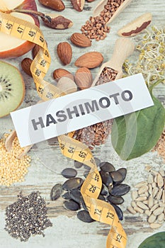 Inscription hashimoto, centimeter and best food for healthy thyroid. Dieting and slimming concept