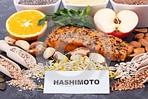 Inscription hashimoto with products and ingredients containing vitamins for healthy thyroid