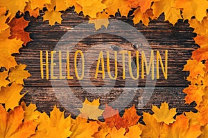 Inscription Hello Autumn on a wooden background with a frame of orange maple leaves