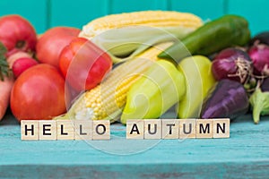 The inscription Hello autumn on a wooden painted blue background Assortment Vegetables