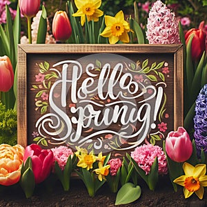 Inscription Hello spring on a wooden board surrounded by spring multicolored flowers of hyacinths, tulips, daffodils
