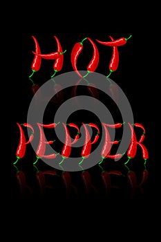 The inscription HOT PEPPER in the form of letters made of red Mexican peppers with mirror reflection. Vector