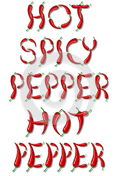 The inscription HOT SPICY PEPPER in the form of letters made of red Mexican peppers. Vector