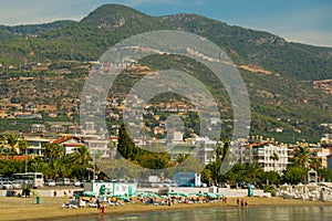 Inscription I love Alanya. Landscape with views of the city, hills and beach. Alanya, Antalya district, Turkey, Asia