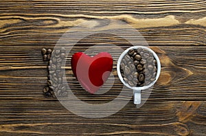 The inscription `I love coffee` made of coffee beans and a red heart