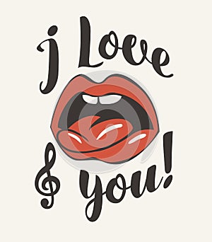 Inscription I love you with open mouth and tongue