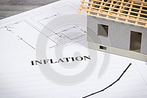 Inscription inflation, toy house under construction and construction drawings. High prices of real estate, building or rent home