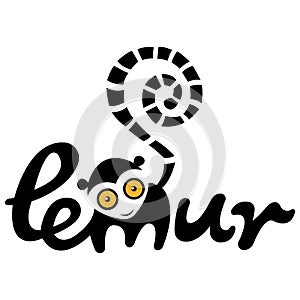 Inscription Lemur with a curled tail. Flat style. Design suitable for logo