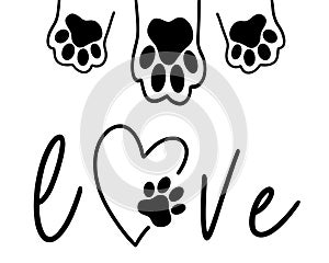 The inscription love and the paw print of the animal in the heart. Love concept. Vector illustration isolated on white