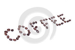 Inscription made from coffee beans, coffee word. Coffee lettering.n