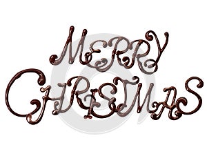 Inscription Merry Christmas made of chocolate elegant font with swirls, isolated on white background