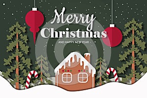inscription Merry Christmas and New Year on the background of a winter landscape with a gingerbread house, candy fir