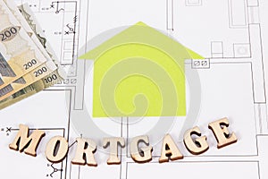 Inscription mortgage and euro on electrical diagrams, calculations of buying house concept