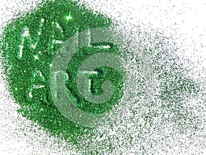 Inscription Nail Art on green glitter sparkle on white background