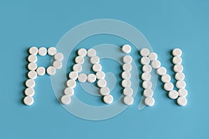 the inscription of pain is laid out with white pills on a blue background. Pain Control - Tablets.