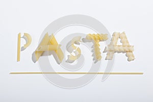 Inscription `pasta` with shadow on a white background. Created with pieces of different types of pasta