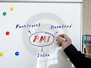 The inscription PMI Purchasing Managers` Index Individual Retirement Arrangement. Male hand with marker write on the white board