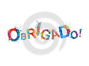 Inscription in Portuguese: Thank You - obrigado. Splash paint letters