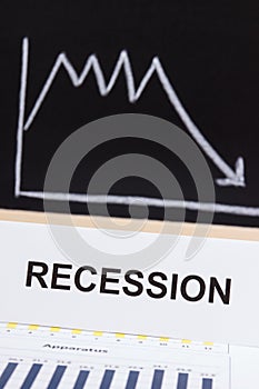 Inscription recession and graphs representing financial crisis caused by coronavirus. Covid-19