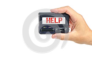 Inscription in red font help on pager, the symbol plea for help