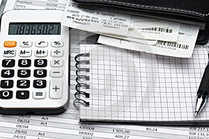 Inscription in Russian - fiscal receipt, calculator and financial reports, analysis and accounting, various office items for