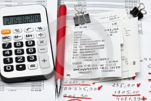 Inscription in Russian - fiscal receipt, calculator and financial reports, analysis and accounting, various office items for