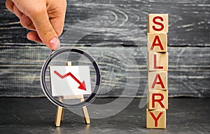 The inscription `salary` and the red arrow down. lower salary, wage rates. demotion, career decline. lowering the standard of livi