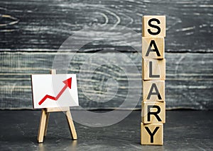 The inscription salary and the red arrow up. increase of salary, wage rates. promotion, career growth. raising the standard of