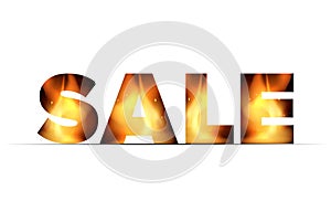 Inscription SALE with fire inside. Isolated on white background. Vector for the design of advertising banners.