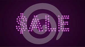 Inscription of Sale with neon lamps. Vector illustration, glowing Text of Sale in purple color. Isolated graphic element on the