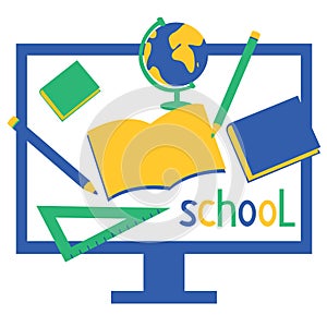 The inscription school. School objects are on screen of computer. Modern design concept of online school.