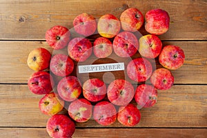 Inscription September and lot of red small garden apples with damage on the wooden table