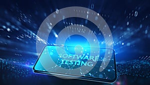 Inscription SOFTWARE TESTING on the virtual display. Business, modern technology, internet and networking concept