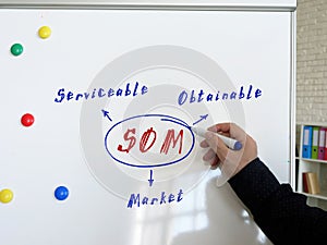 The inscription SOM Serviceable Obtainable Market . Hand holding marker for writing on the white board photo