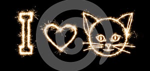 Inscription with sparklers on a black background I love cats