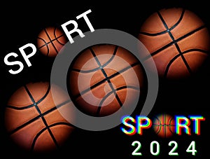 The inscription sport on a black background with basketballs