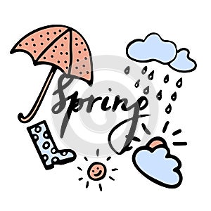 Inscription Spring in hand drawn style. Umbrella, rain cloud, watertight