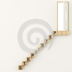 The inscription step by step on wooden cubes in the form of steps leading to an open door. Concept of success. 3d