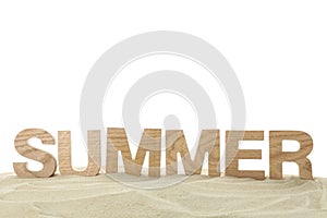 Inscription summer is lined with wooden letters on clear sea sand