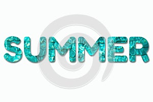 Inscription Summer made with turquoise swimming pool water background. Copy space, top view. Close up abstract water texture. Text