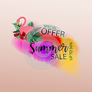 Hello summer sign text with tropical leaves over square frame art abstract watercolor background brush paint texture design.